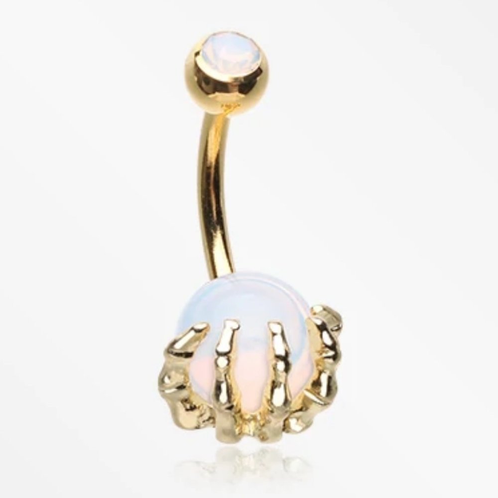 Golden Moonstone Orb Shine Skeleton Hand Belly Button Ring